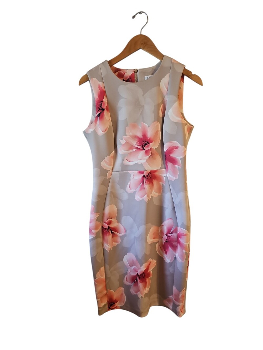 Calvin KleonSleeveless Beige Pink Floral Scuba Sheath Dress Sz 8 - Picture 2 of 5